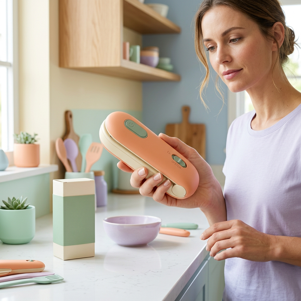 Portable Heat Bag Sealer Concept — Apricot & Sage Clip-Style Design with a Proposed Concealed Cutter for Thoughtful Kitchen Packaging Routines