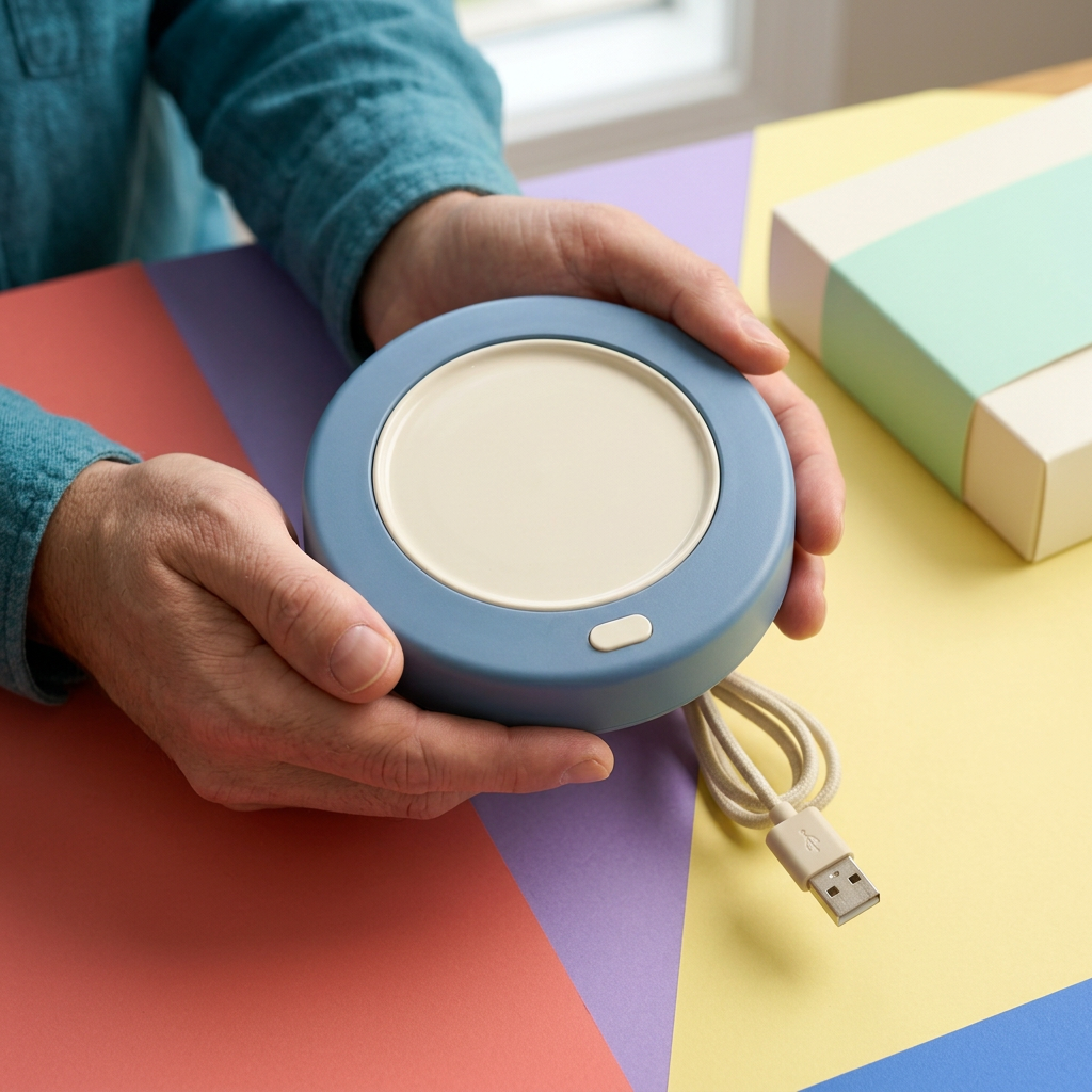 Dusty Blue & Cream USB Cup Warmer — A Rounded Desk-Coaster Concept for Prepared Drinks, Reading Breaks & Thoughtful Workspaces