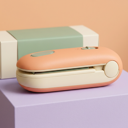 Portable Heat Bag Sealer Concept — Apricot & Sage Clip-Style Design with a Proposed Concealed Cutter for Thoughtful Kitchen Packaging Routines