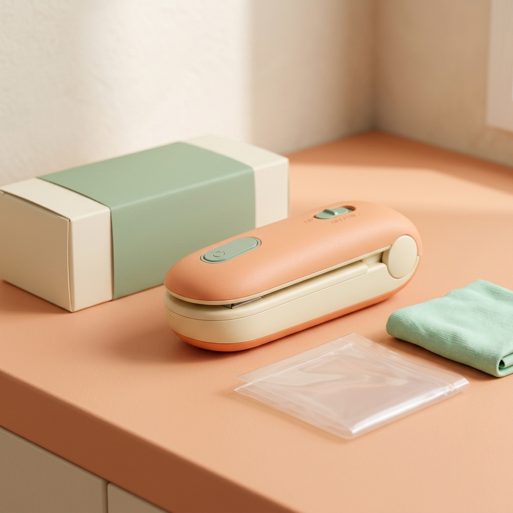 Portable Heat Bag Sealer Concept — Apricot & Sage Clip-Style Design with a Proposed Concealed Cutter for Thoughtful Kitchen Packaging Routines