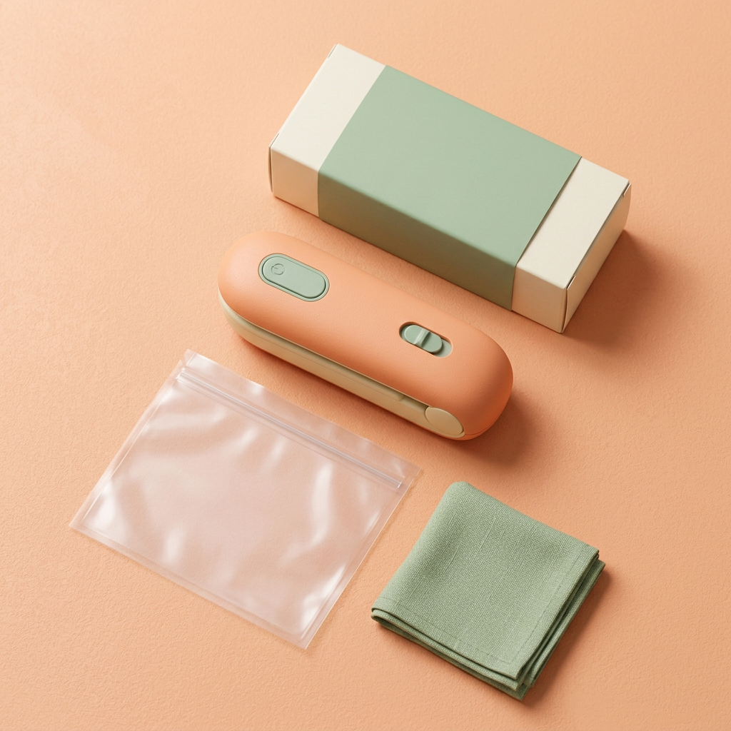 Portable Heat Bag Sealer Concept — Apricot & Sage Clip-Style Design with a Proposed Concealed Cutter for Thoughtful Kitchen Packaging Routines
