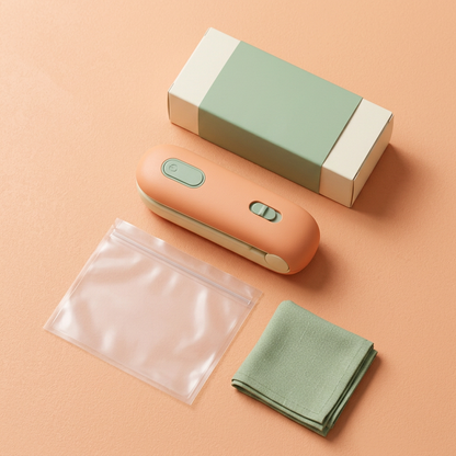 Portable Heat Bag Sealer Concept — Apricot & Sage Clip-Style Design with a Proposed Concealed Cutter for Thoughtful Kitchen Packaging Routines