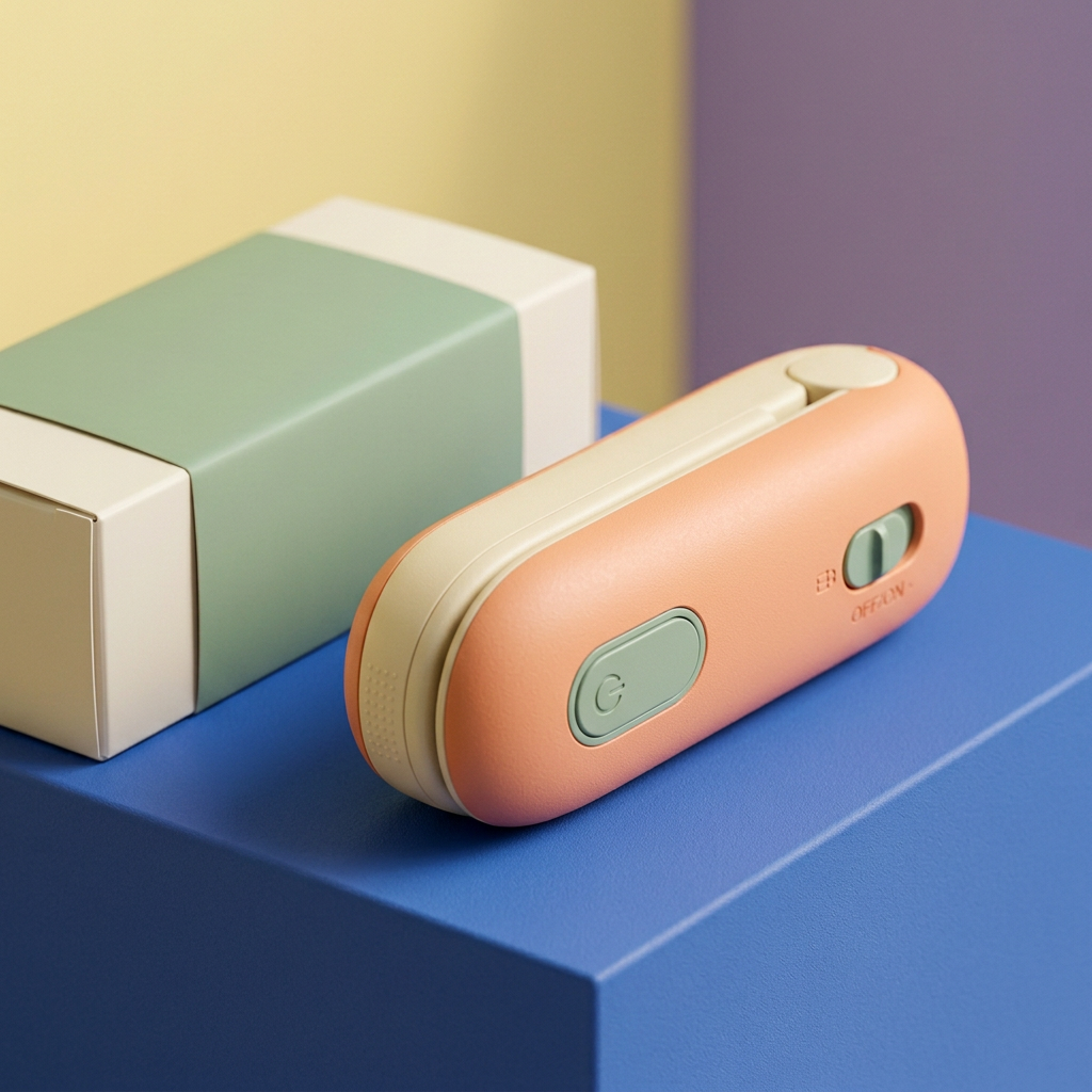 Portable Heat Bag Sealer Concept — Apricot & Sage Clip-Style Design with a Proposed Concealed Cutter for Thoughtful Kitchen Packaging Routines