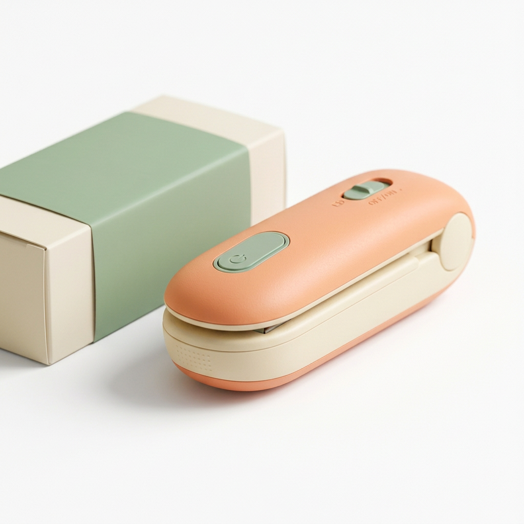 Portable Heat Bag Sealer Concept — Apricot & Sage Clip-Style Design with a Proposed Concealed Cutter for Thoughtful Kitchen Packaging Routines