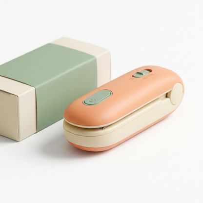 Portable Heat Bag Sealer Concept — Apricot & Sage Clip-Style Design with a Proposed Concealed Cutter for Thoughtful Kitchen Packaging Routines