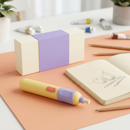 Electric Eraser Concept — Butter-Yellow & Lavender Pen-Style Design for Sketchbook Revisions, Graphite Studies & Colorful Creative Desks