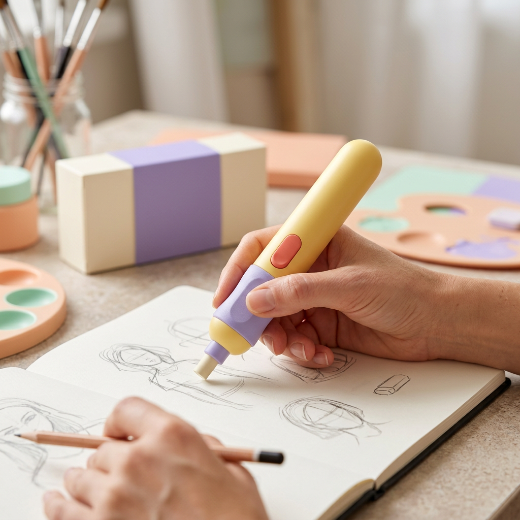 Electric Eraser Concept — Butter-Yellow & Lavender Pen-Style Design for Sketchbook Revisions, Graphite Studies & Colorful Creative Desks