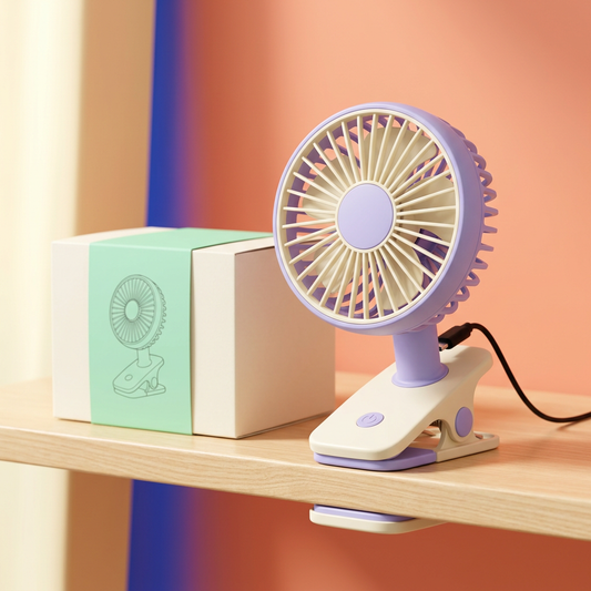 Lavender & Cream USB Clip-On Fan — A Colorful Shelf-Edge Companion for Compact Workspaces, Reading Corners & Home Study Setups