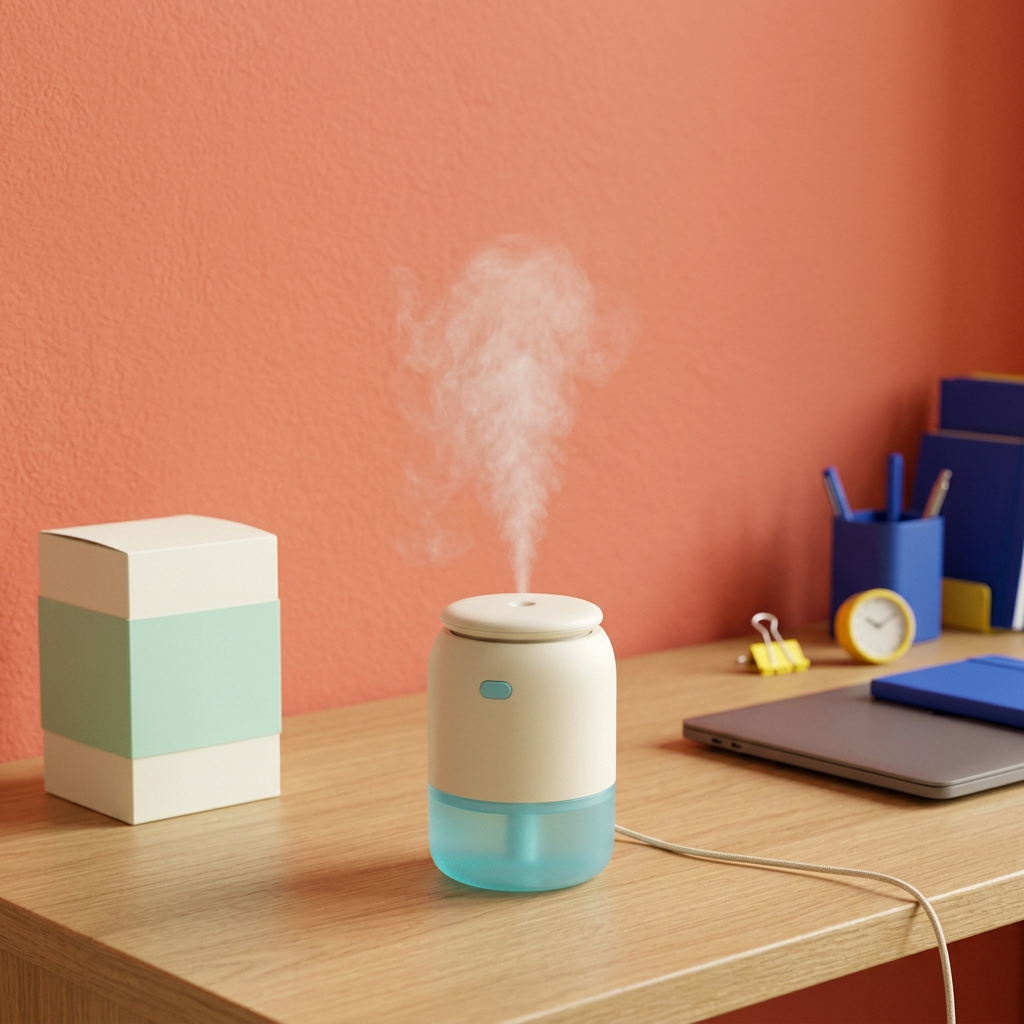 Cream & Aqua Mini USB Desktop Humidifier — A Colorful Compact Design Concept for Thoughtfully Arranged Desks & Living Spaces