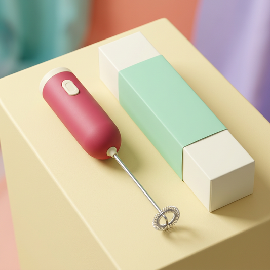 Raspberry & Cream Mini Electric Milk Frother — A Colorful Handheld Whisk Concept for Home Coffee Corners & Drink Preparation