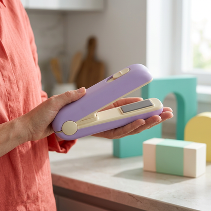 Lavender & Cream Mini Electric Bag Sealer — A Compact Handheld Heat-Sealing Concept for Thoughtful Snack-Cupboard Organization
