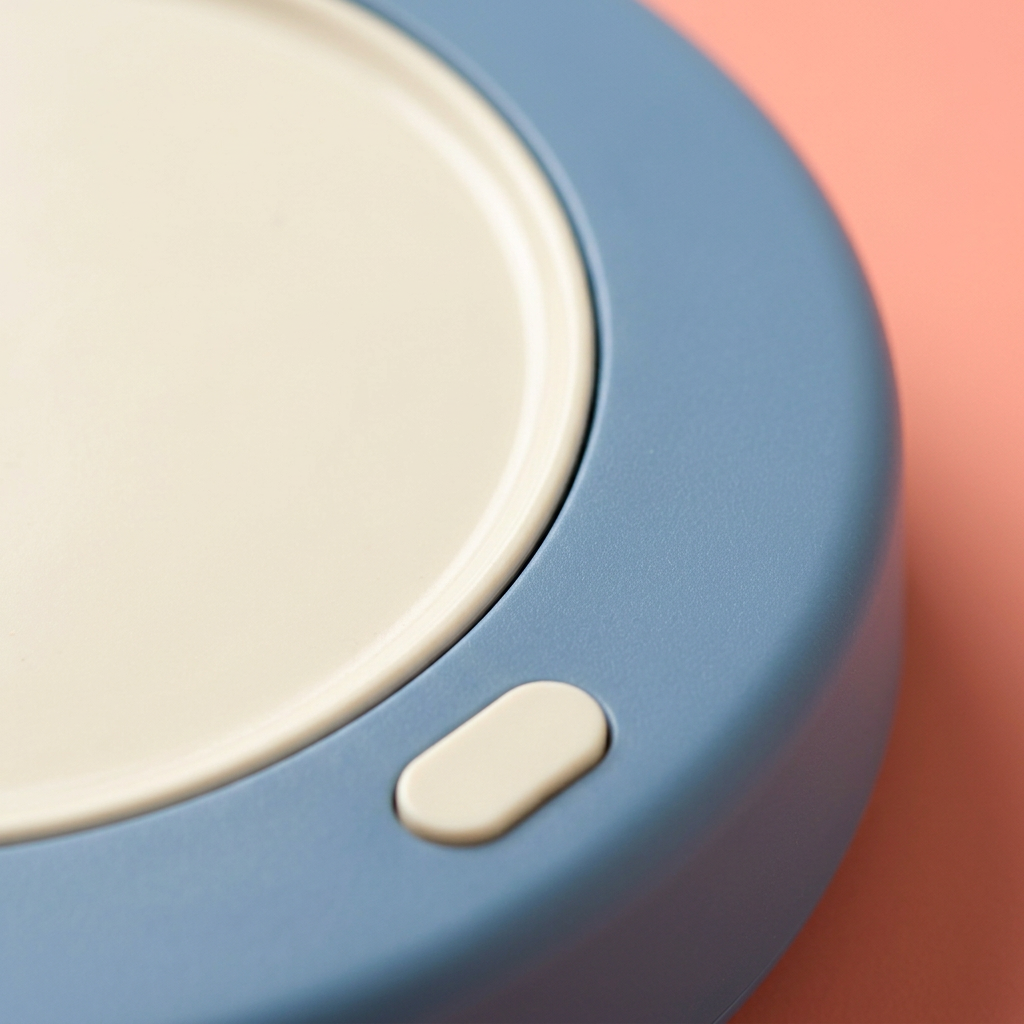 Dusty Blue & Cream USB Cup Warmer — A Rounded Desk-Coaster Concept for Prepared Drinks, Reading Breaks & Thoughtful Workspaces