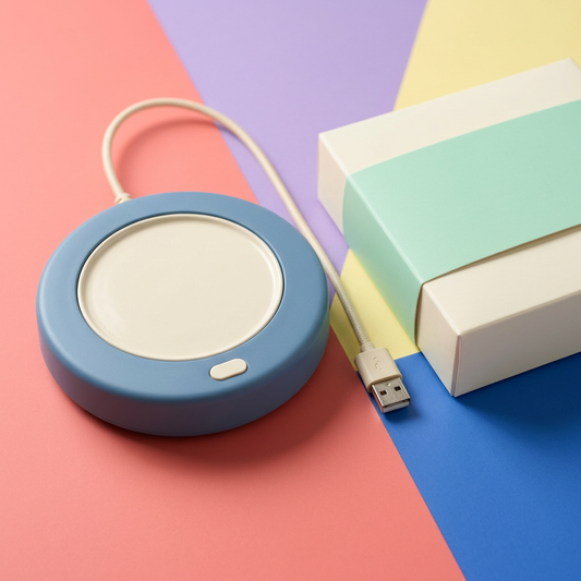 Dusty Blue & Cream USB Cup Warmer — A Rounded Desk-Coaster Concept for Prepared Drinks, Reading Breaks & Thoughtful Workspaces