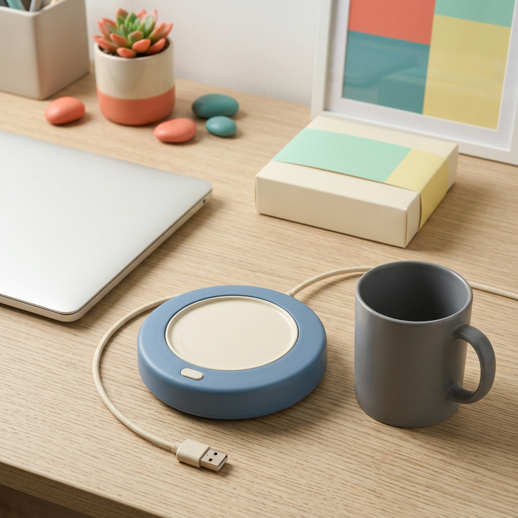 Dusty Blue & Cream USB Cup Warmer — A Rounded Desk-Coaster Concept for Prepared Drinks, Reading Breaks & Thoughtful Workspaces