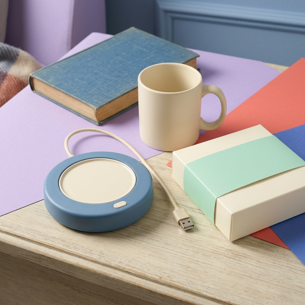 Dusty Blue & Cream USB Cup Warmer — A Rounded Desk-Coaster Concept for Prepared Drinks, Reading Breaks & Thoughtful Workspaces