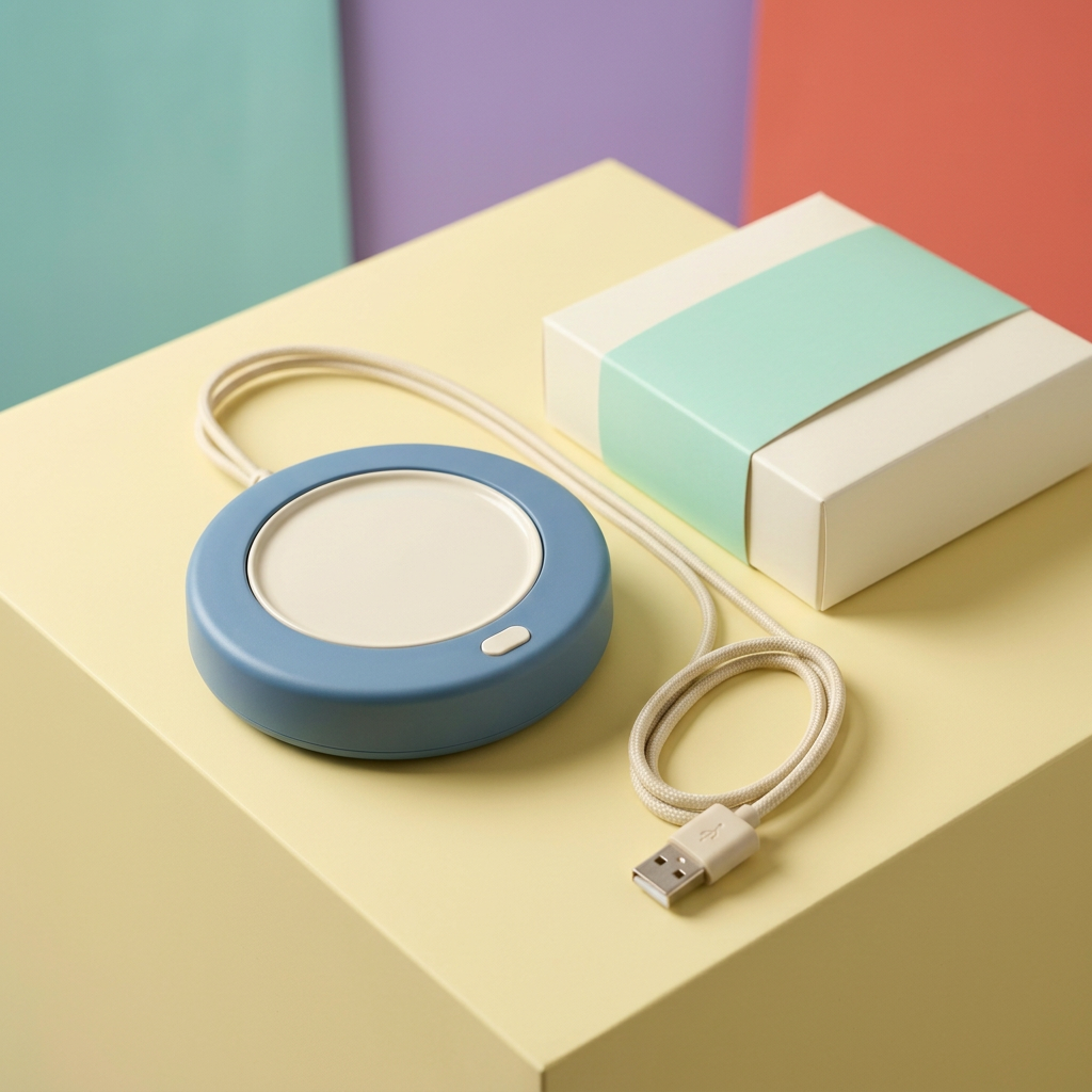 Dusty Blue & Cream USB Cup Warmer — A Rounded Desk-Coaster Concept for Prepared Drinks, Reading Breaks & Thoughtful Workspaces