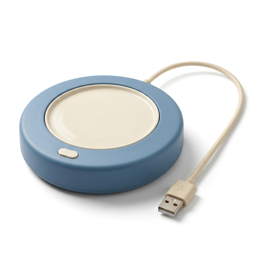 Dusty Blue & Cream USB Cup Warmer — A Rounded Desk-Coaster Concept for Prepared Drinks, Reading Breaks & Thoughtful Workspaces
