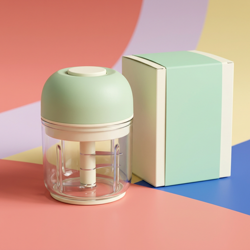 Pistachio & Cream Mini Electric Garlic Chopper — A Clear-Bowl Kitchen Prep Concept for Small Ingredient Batches & Colorful Countertops