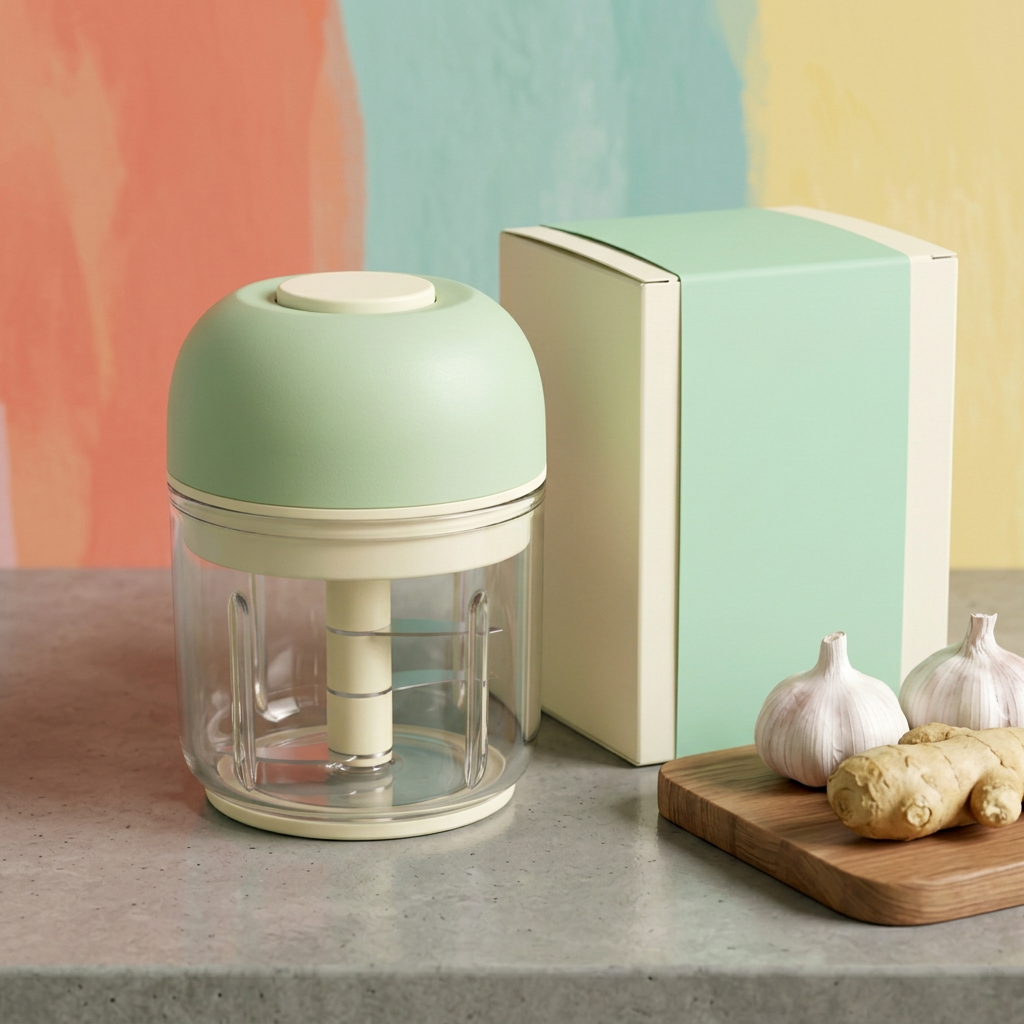 Pistachio & Cream Mini Electric Garlic Chopper — A Clear-Bowl Kitchen Prep Concept for Small Ingredient Batches & Colorful Countertops