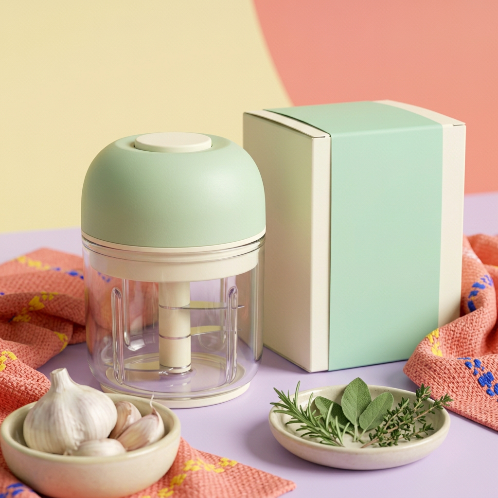Pistachio & Cream Mini Electric Garlic Chopper — A Clear-Bowl Kitchen Prep Concept for Small Ingredient Batches & Colorful Countertops