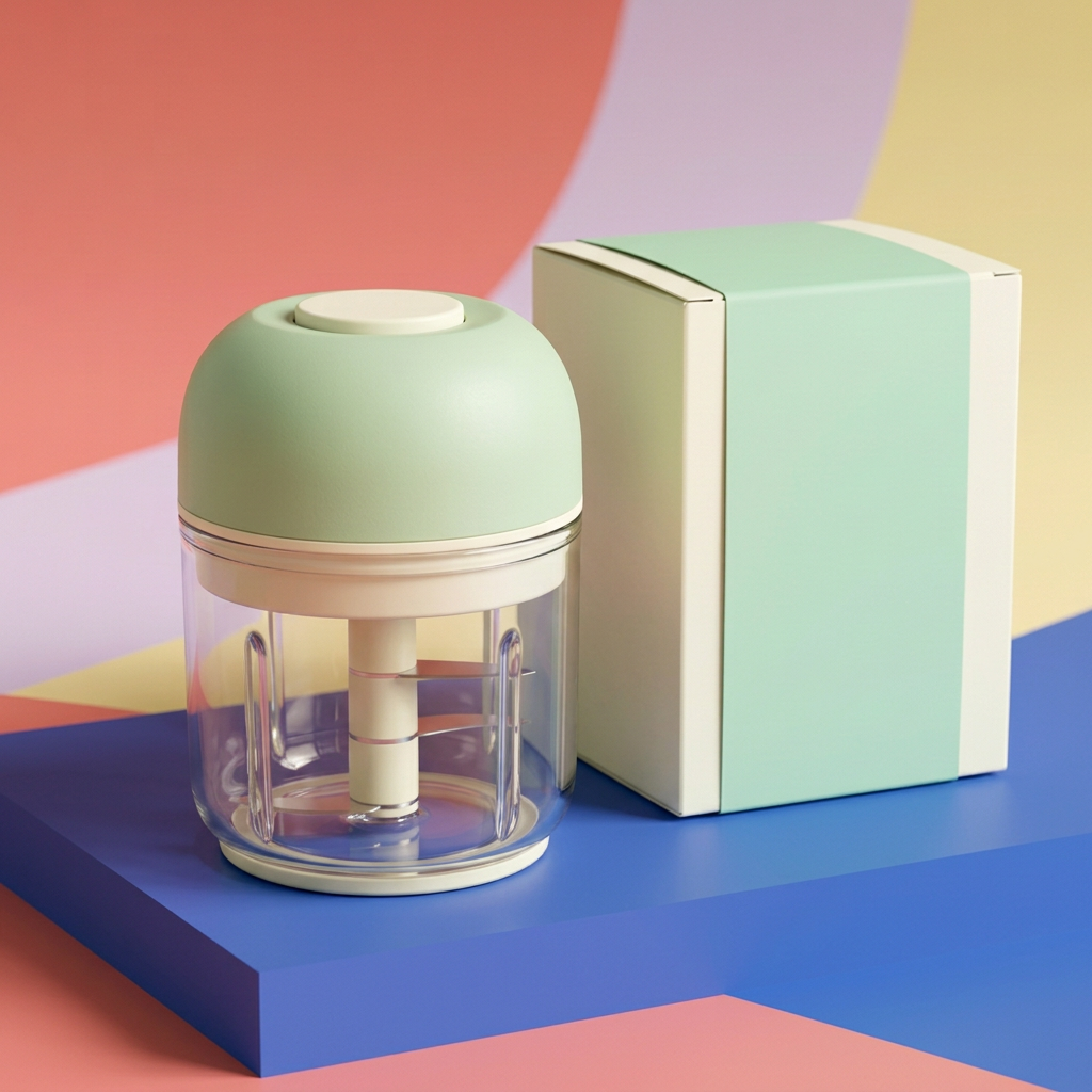 Pistachio & Cream Mini Electric Garlic Chopper — A Clear-Bowl Kitchen Prep Concept for Small Ingredient Batches & Colorful Countertops