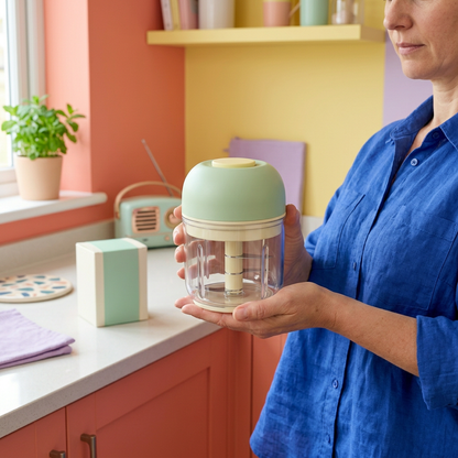 Pistachio & Cream Mini Electric Garlic Chopper — A Clear-Bowl Kitchen Prep Concept for Small Ingredient Batches & Colorful Countertops