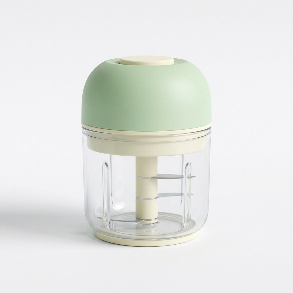 Pistachio & Cream Mini Electric Garlic Chopper — A Clear-Bowl Kitchen Prep Concept for Small Ingredient Batches & Colorful Countertops