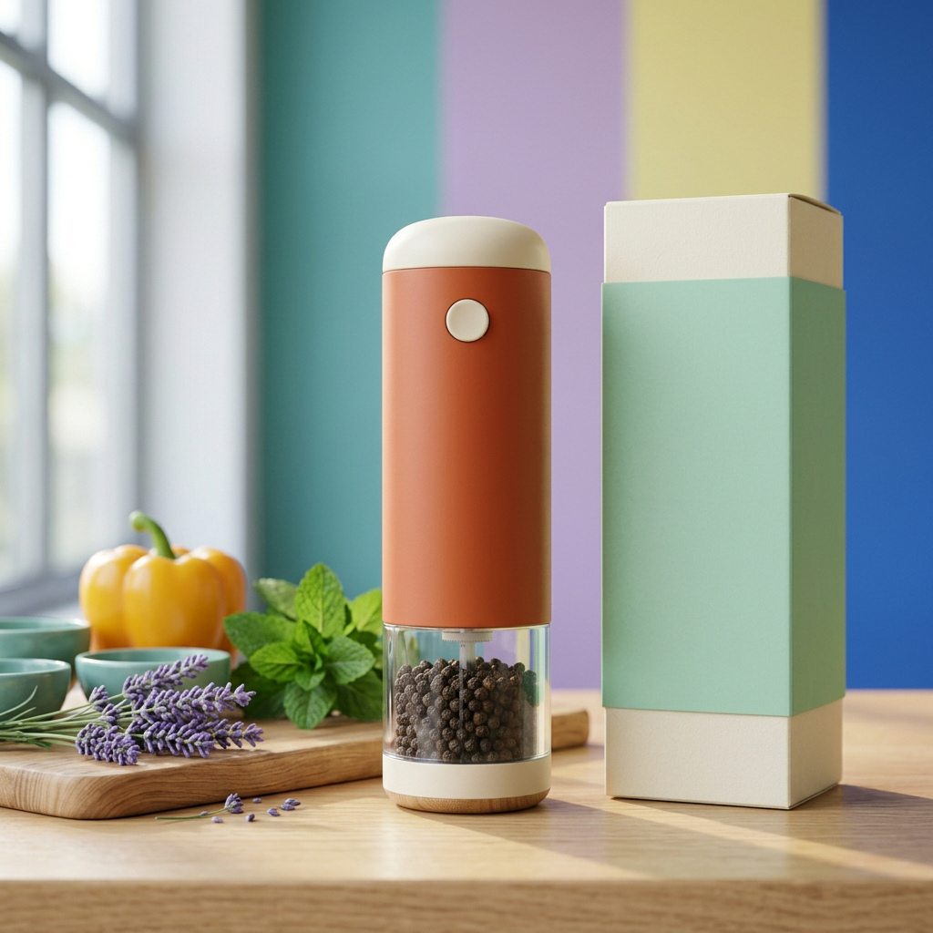 Terracotta & Cream Electric Pepper Grinder — A Clear-Reservoir Seasoning Concept for Home Kitchens, Dinner Tables & Colorful Meal Preparation