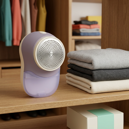 Dusty Lilac & Cream Electric Fabric Shaver — A Rounded Clothing-Care Concept for Seasonal Wardrobe Sorting & Everyday Knitwear Routines