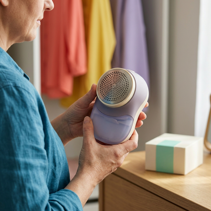Dusty Lilac & Cream Electric Fabric Shaver — A Rounded Clothing-Care Concept for Seasonal Wardrobe Sorting & Everyday Knitwear Routines