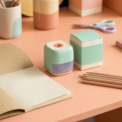 Mini Electric Pencil Sharpener Concept — Mint & Ivory Desktop Design with a Lavender Shavings-Drawer Direction for Drawing Sessions and Colorful Workspaces
