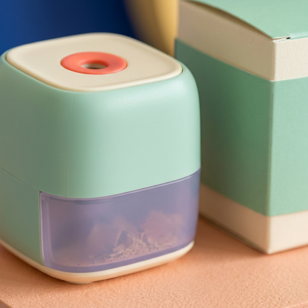 Mini Electric Pencil Sharpener Concept — Mint & Ivory Desktop Design with a Lavender Shavings-Drawer Direction for Drawing Sessions and Colorful Workspaces