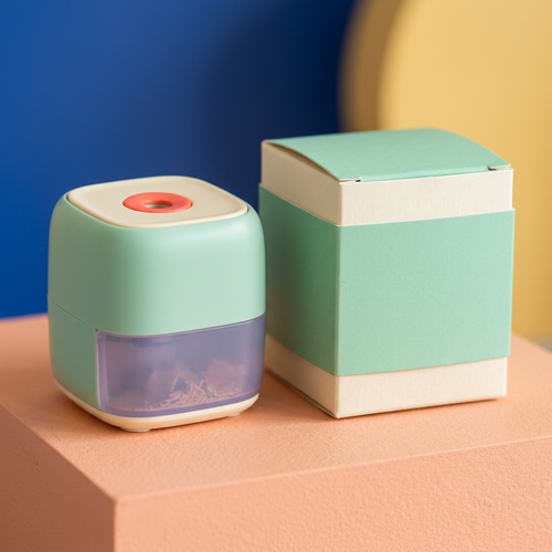 Mini Electric Pencil Sharpener Concept — Mint & Ivory Desktop Design with a Lavender Shavings-Drawer Direction for Drawing Sessions and Colorful Workspaces