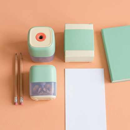 Mini Electric Pencil Sharpener Concept — Mint & Ivory Desktop Design with a Lavender Shavings-Drawer Direction for Drawing Sessions and Colorful Workspaces