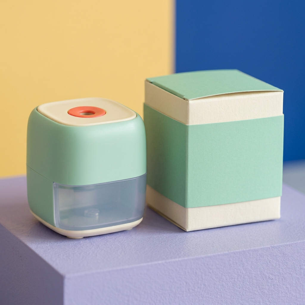 Mini Electric Pencil Sharpener Concept — Mint & Ivory Desktop Design with a Lavender Shavings-Drawer Direction for Drawing Sessions and Colorful Workspaces