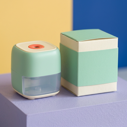 Mini Electric Pencil Sharpener Concept — Mint & Ivory Desktop Design with a Lavender Shavings-Drawer Direction for Drawing Sessions and Colorful Workspaces