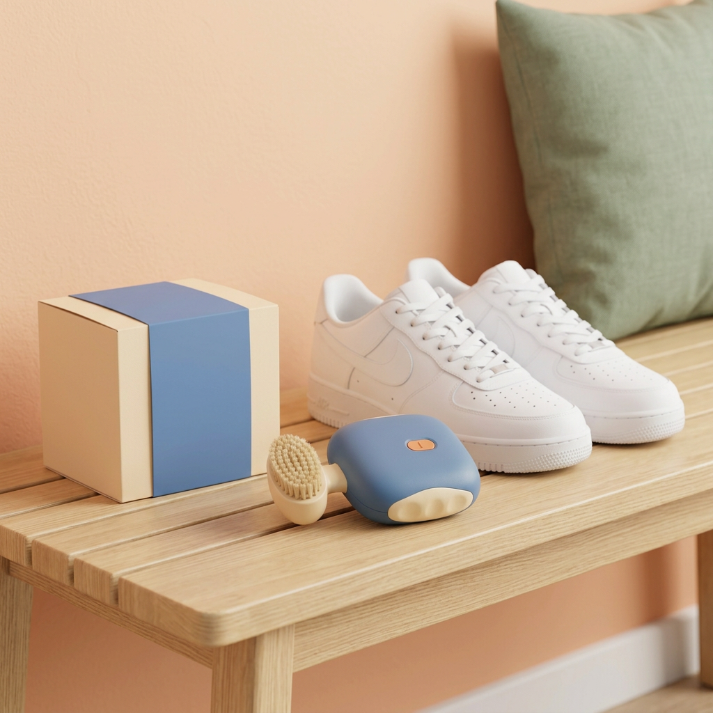 Mini Electric Shoe Brush Concept — Dusty-Blue & Ivory Footwear-Care Design for Entryway Reset Rituals, Considered Detail Work & Everyday Shoe-Care Stations