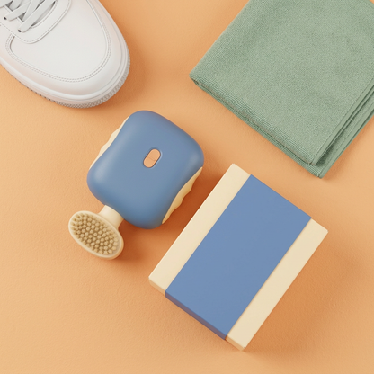 Mini Electric Shoe Brush Concept — Dusty-Blue & Ivory Footwear-Care Design for Entryway Reset Rituals, Considered Detail Work & Everyday Shoe-Care Stations